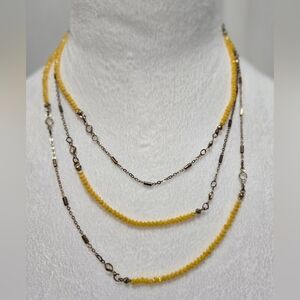 Elegant Yellow Beaded Necklace, Gold Tone Links, Clear Crystals, 29" Max Length